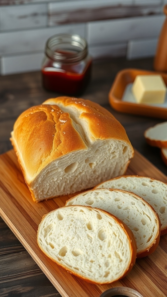 Simple 5-Ingredient Sandwich Bread Recipe Freshly baked sandwich bread loaf on a cutting board, sliced to show fluffy texture, with jam and butter in the background.